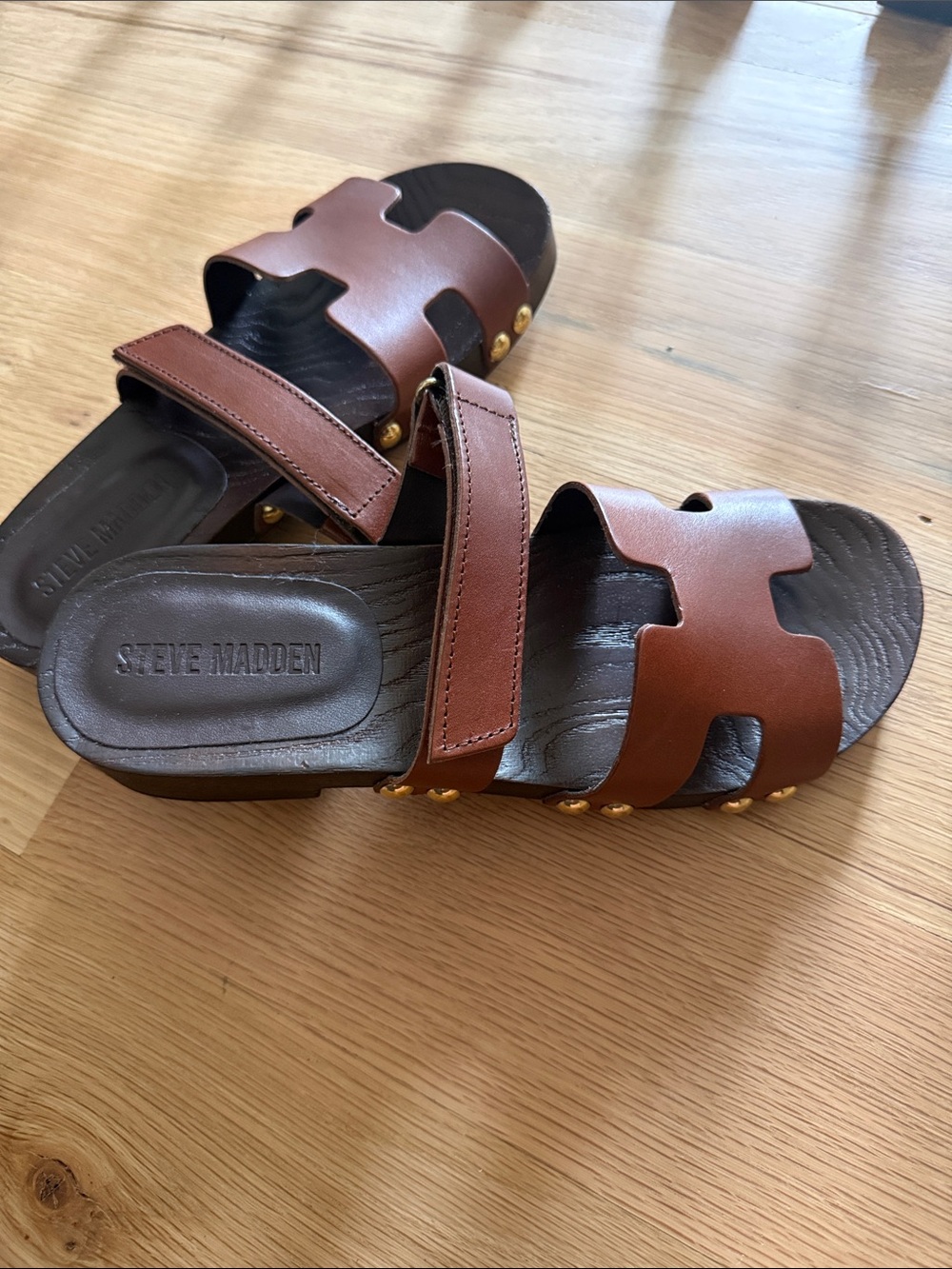 Steve Madden Wood Tan-Brown Leather Slide Sandals with Stud Accents- 39